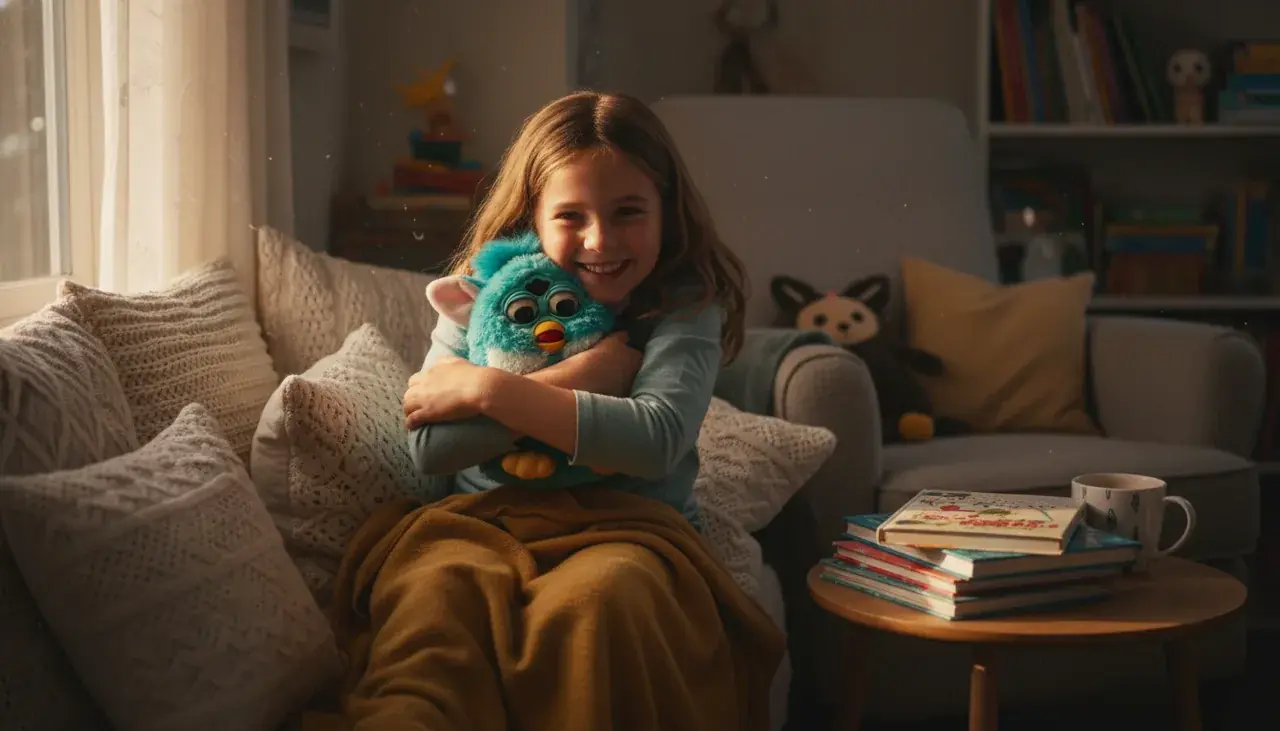 happy child with beloved named furby creating memories