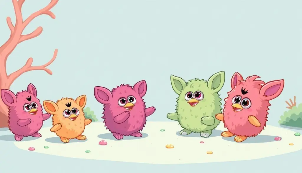 Image of multiple Furby Coral toys interacting with each other Image of multiple Furby Coral toys interacting with each other