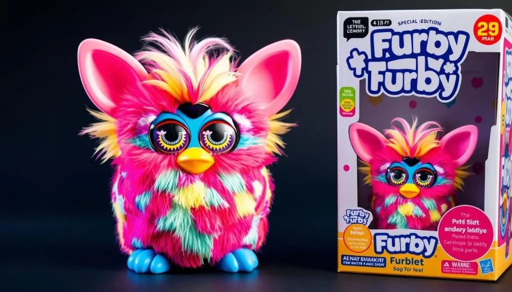 Generate an image of a special edition Furby Furblet with unique design and packaging. Generate an image of a special edition Furby Furblet with unique design and packaging.