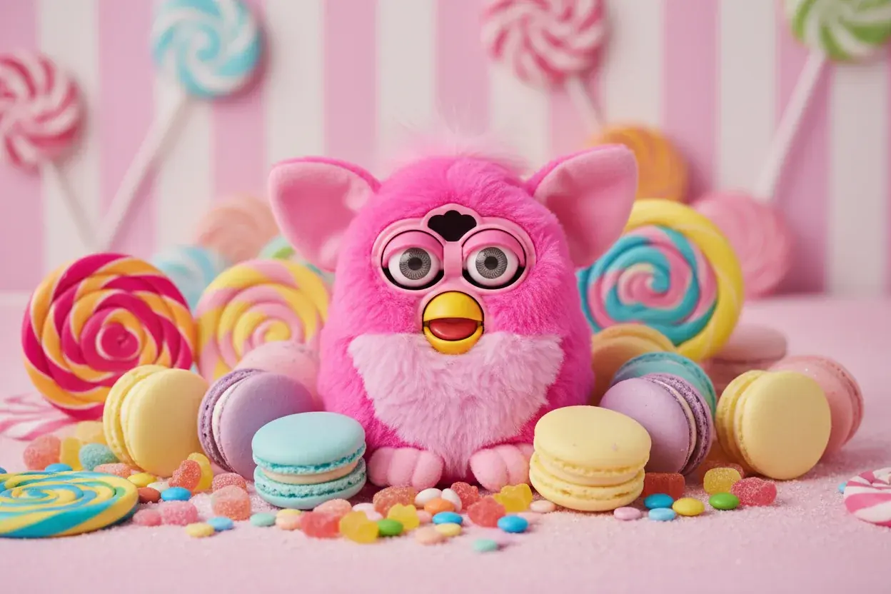 pink furby with sweet candy-themed styling