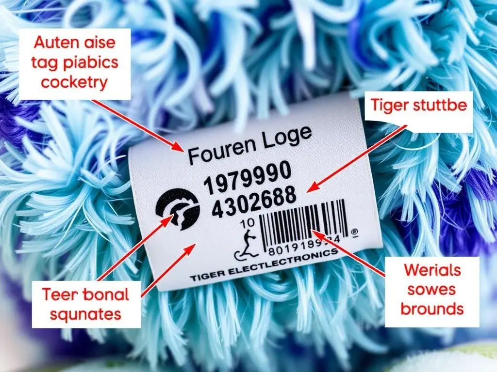 Close-up of 1998 Furby worth identification markers showing authentication points
