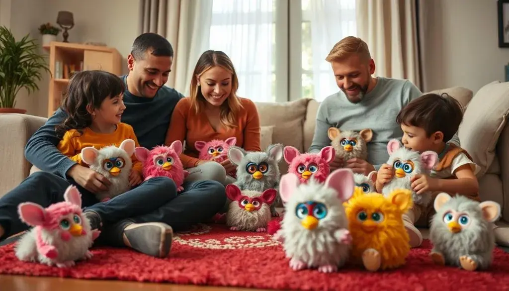 Family playing with multiple generations of Furby toys together Family playing with multiple generations of Furby toys together