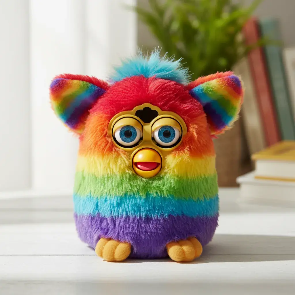 Rainbow Furby displaying full color spectrum in natural light