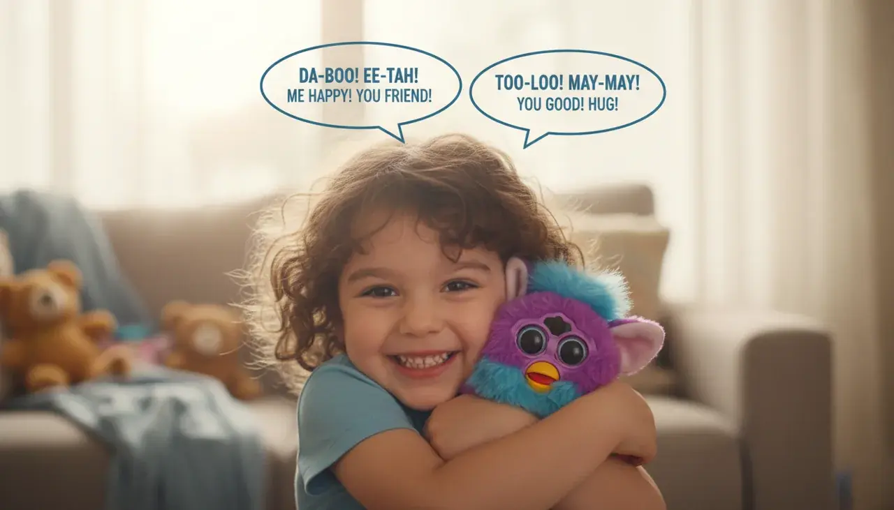 happy furby owner embracing their companion with language connection