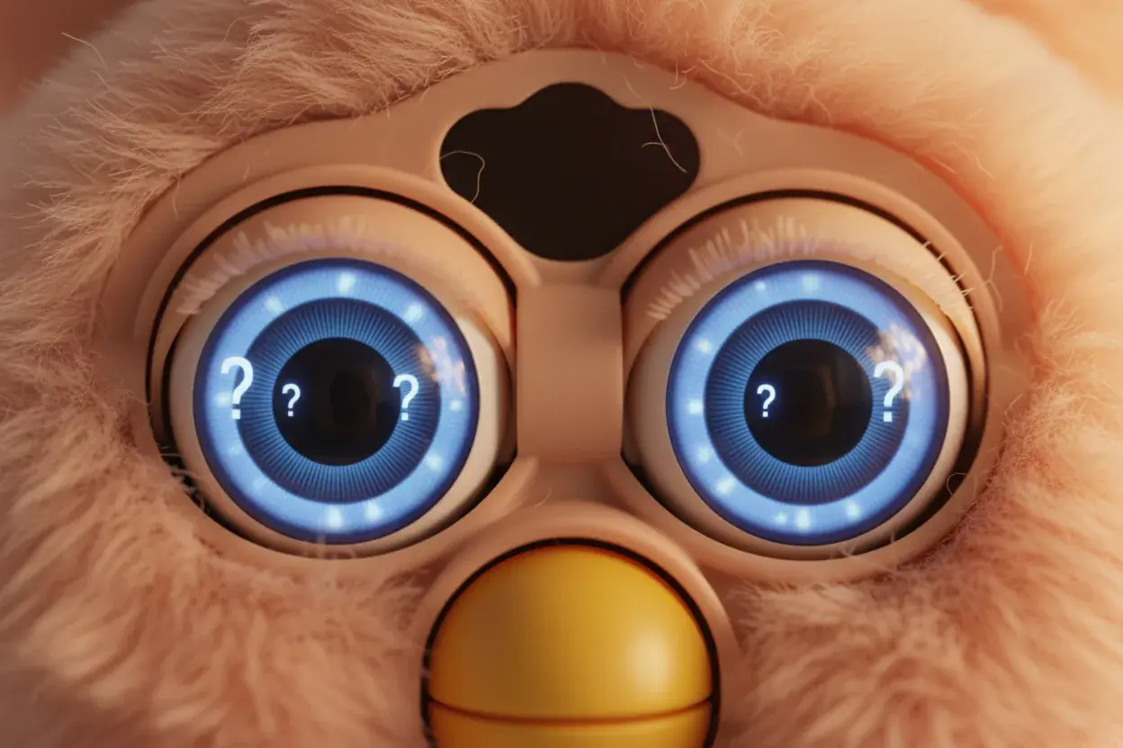 Close-up of Furby's expressive eyes showing learning and attention