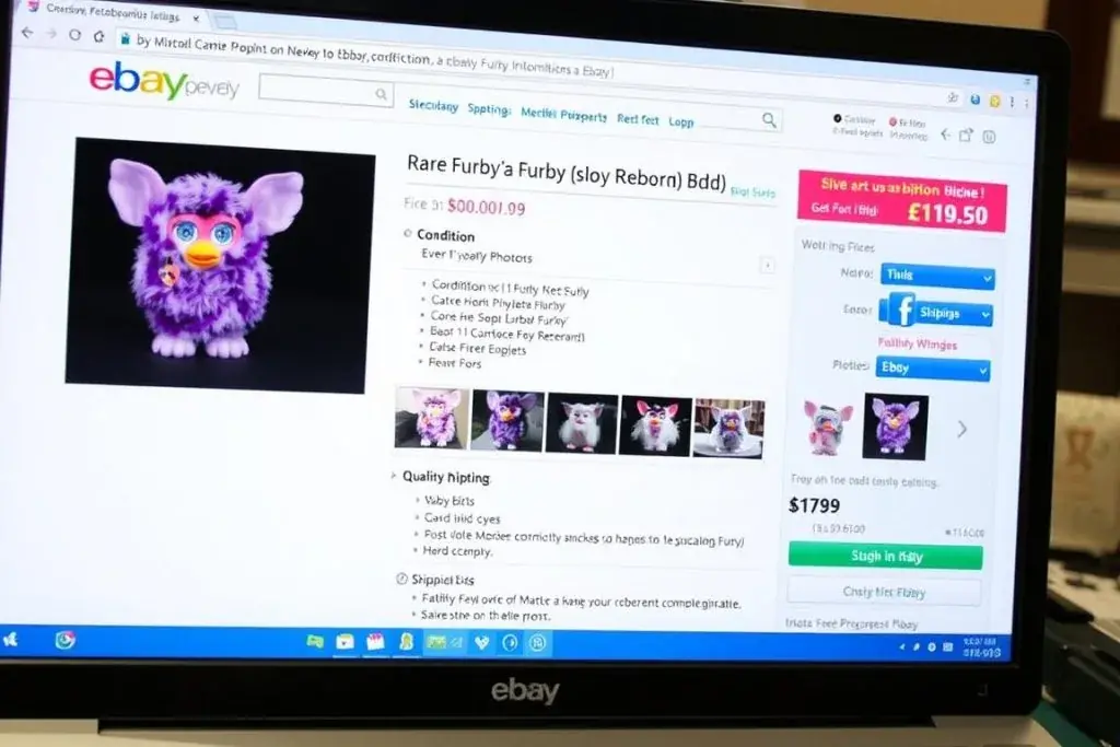 Screenshot of a valuable Furby listing on eBay showing furby selling price trends