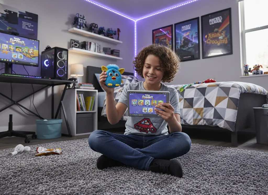 older child using Furby Connect with mobile app integration