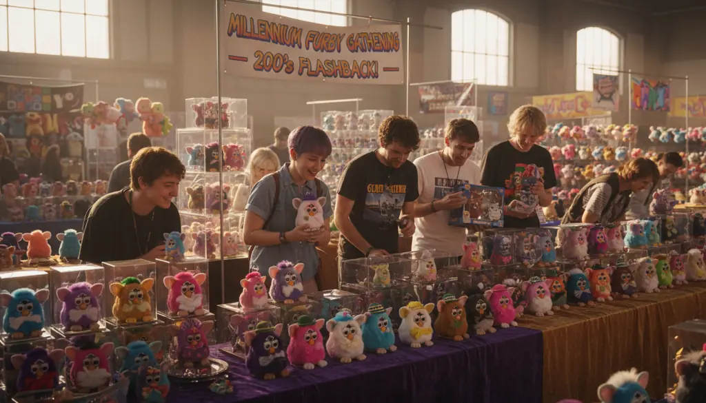 Millennium Furby collector marketplace showing online, community, and auction options