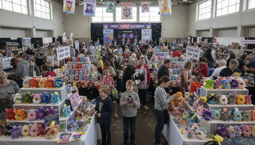 Furby fan community gathering showing collectors and enthusiasts