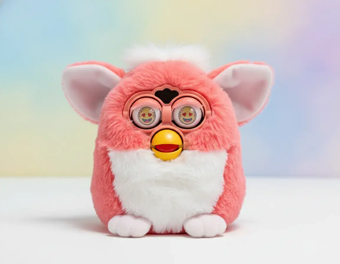Coral pink Furby toy showing interactive features and adorable design