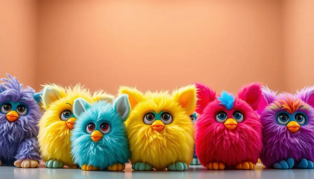 A vibrant, highly detailed image of a collection of rare and sought-after Furby figures in a rainbow of colors. The Furbies are arranged in the foreground, captured with a shallow depth of field that draws the eye to their intricate features and unique expressions. The middle ground features a clean, minimalist backdrop, allowing the collectibles to take center stage. Soft, warm lighting from above creates a sense of depth and dimension, casting gentle shadows that accentuate the textures and shapes of the Furbies. The overall mood is one of excitement and wonder, conveying the special nature and collectibility of these coveted Furby Rainbow variants.
