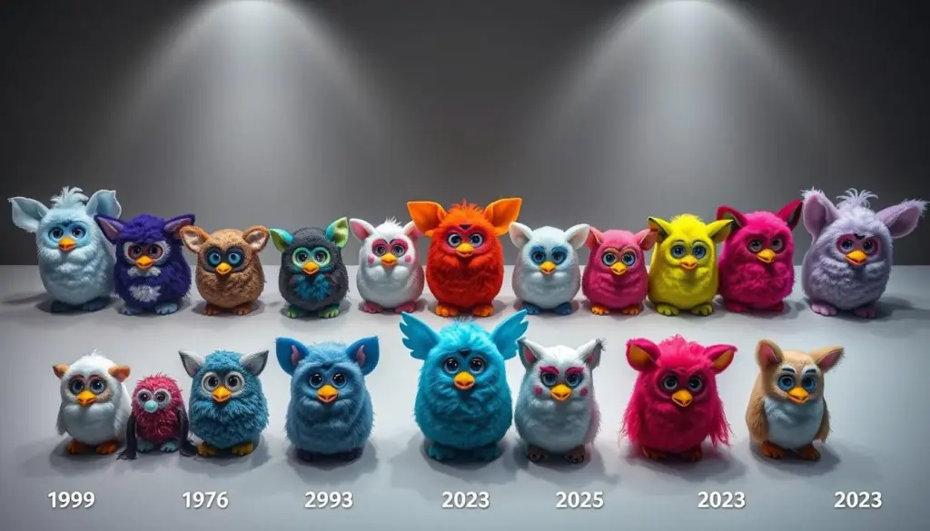 Multiple generations of Furby toys arranged chronologically showing the complete history of Furby