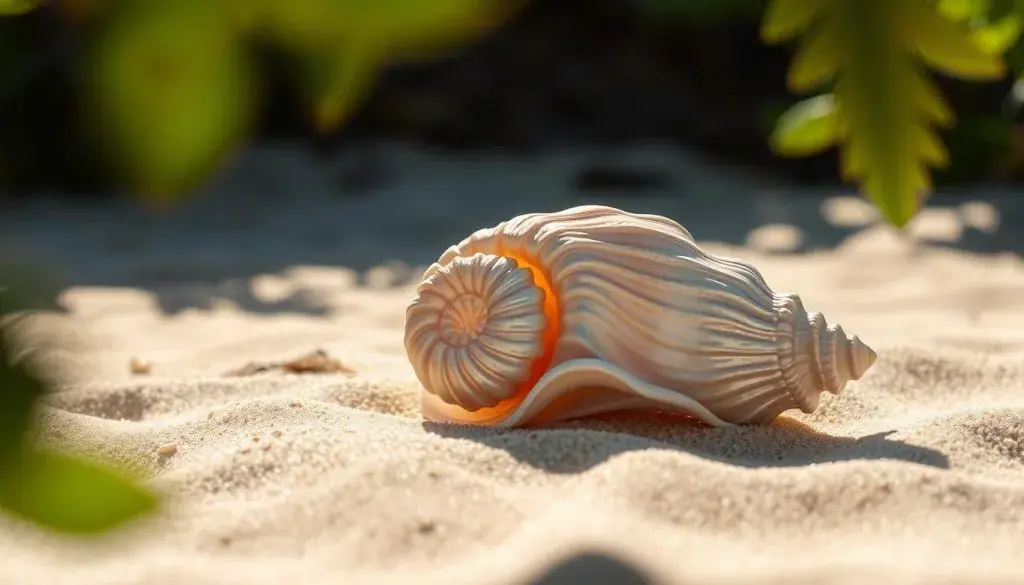 A beautifully crafted shell rests gently on a sun-dappled beach, its intricate spirals and delicate ridges casting mesmerizing shadows. The shell's iridescent surface reflects the warm, golden tones of the surrounding sand, creating a serene and tranquil atmosphere. In the distance, a gentle ocean breeze whispers, hinting at the shell's origins and the mysteries it holds. The composition is framed by softly blurred, verdant foliage, lending a sense of depth and enclosure, inviting the viewer to explore the captivating details of this captivating natural wonder.
