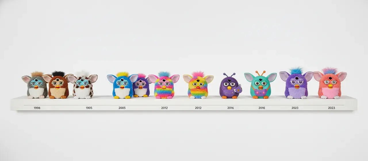 timeline showing evolution of Furby design through years