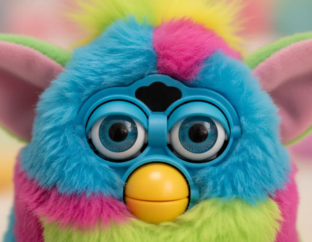 Close-up of near mint 1998 Furby showing pristine fur and bright eyes