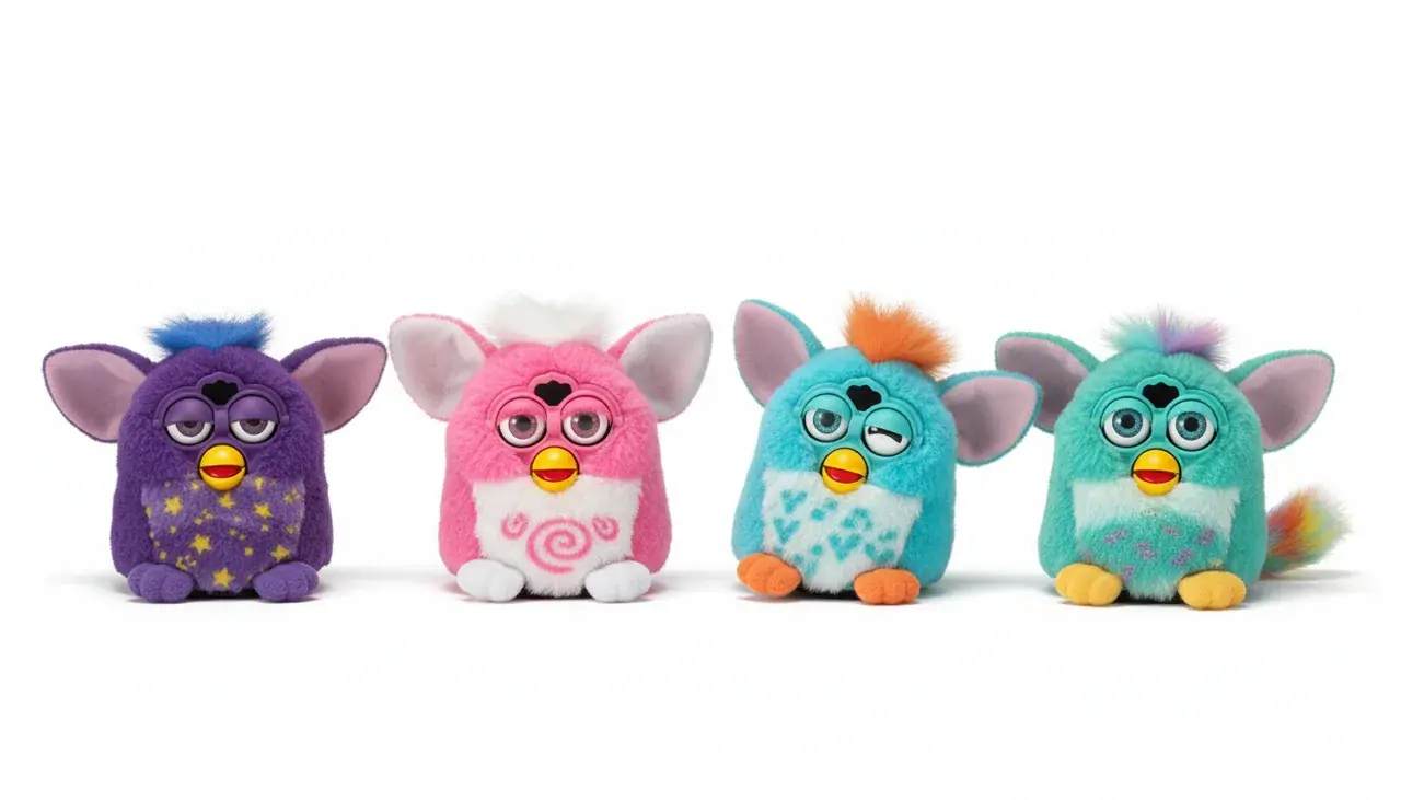 Multiple Mini Furby models displayed showing variety of colors and styles