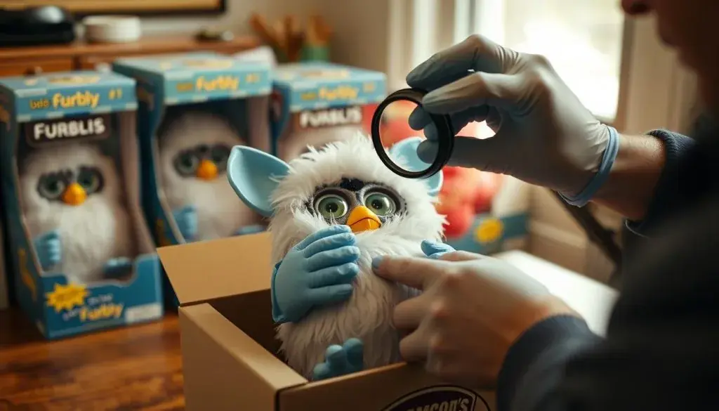 Person carefully examining an original Furby in box for authentication and valuation Person carefully examining an original Furby in box for authentication and valuation