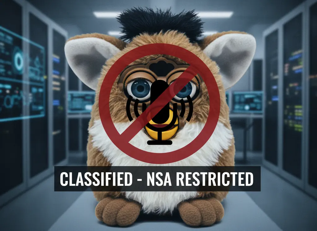 vintage furby with security agency prohibition symbol overlay