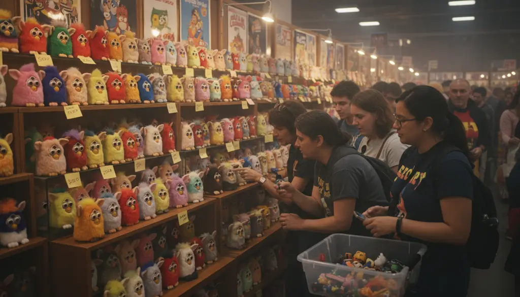 vintage Furby dolls displayed at collectible toy market or store