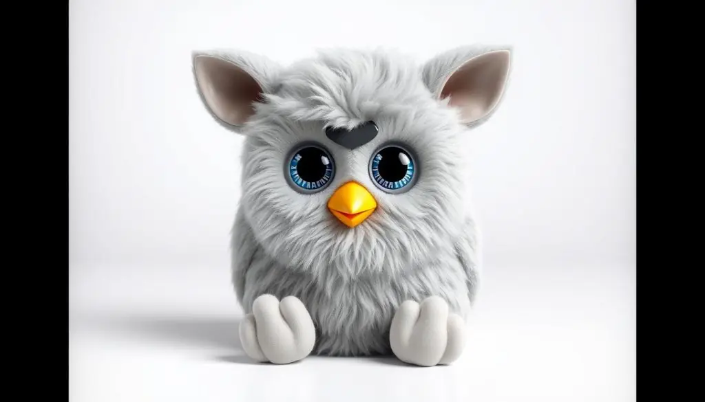 a highly detailed, hyper-realistic, and studio-quality 3D render of a furby gray toy, featuring a soft, plush, and furry texture with a light gray color. The furby is posed in a natural sitting position, with its large, expressive eyes, pointed ears, and a small, cute beak-like mouth. The furby is placed on a plain white background, with a soft, even lighting that highlights the delicate features and fuzzy details of the figure. The image captures the unique charm and whimsical character of the iconic Furby toy, showcasing its distinctive design and the qualities that make it a beloved childhood companion.