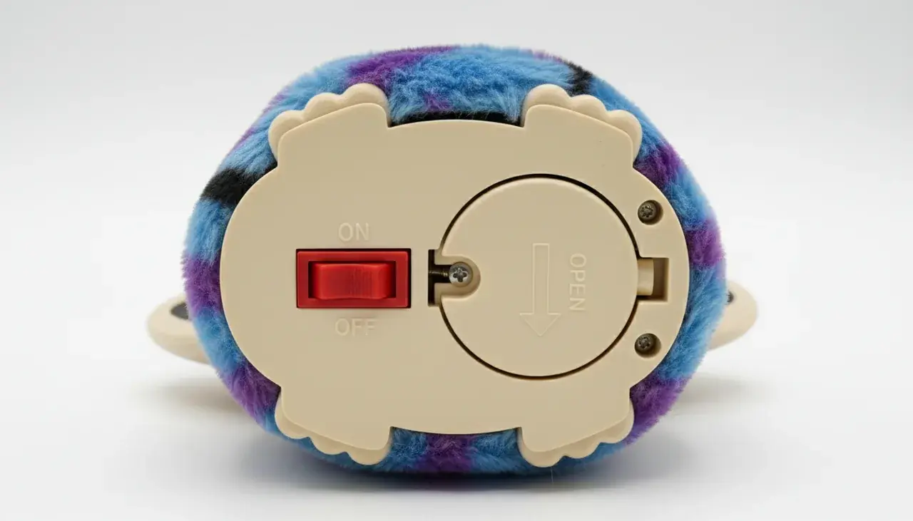 Bottom view of Furby 2025 highlighting the power switch and battery compartment