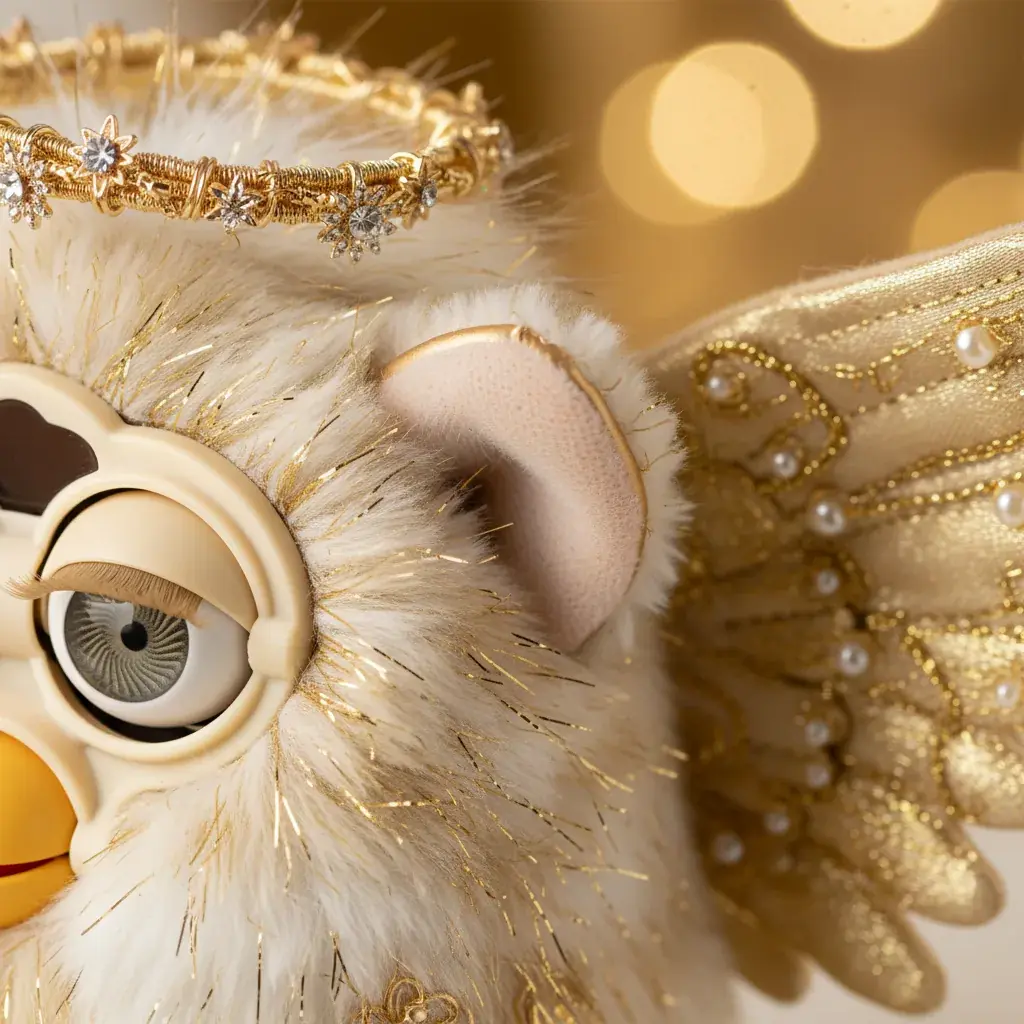 Angel Furby showing golden accent details