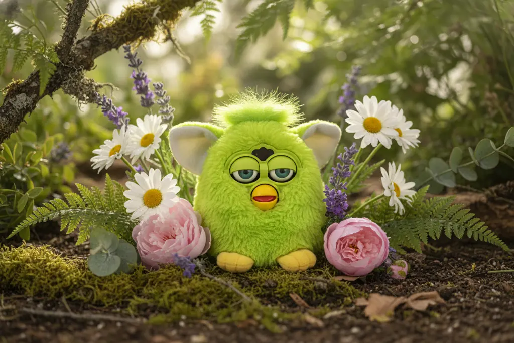 nature themed green furby with floral elements