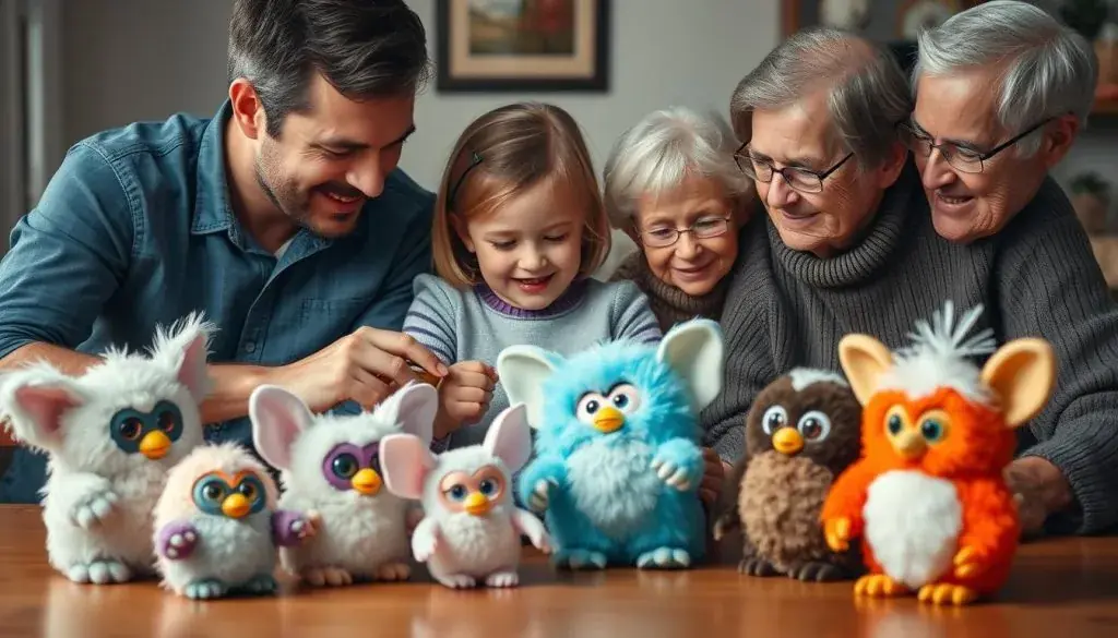 Multi-generational family examining vintage and modern Furbies together Multi-generational family examining vintage and modern Furbies together