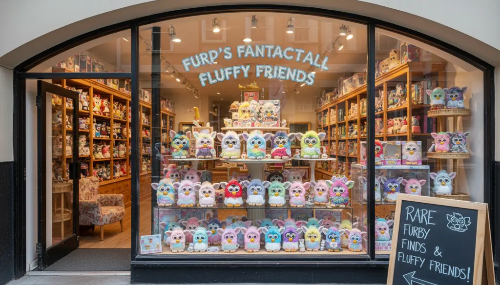 Furby Toy Shop storefront display showing rare collectibles