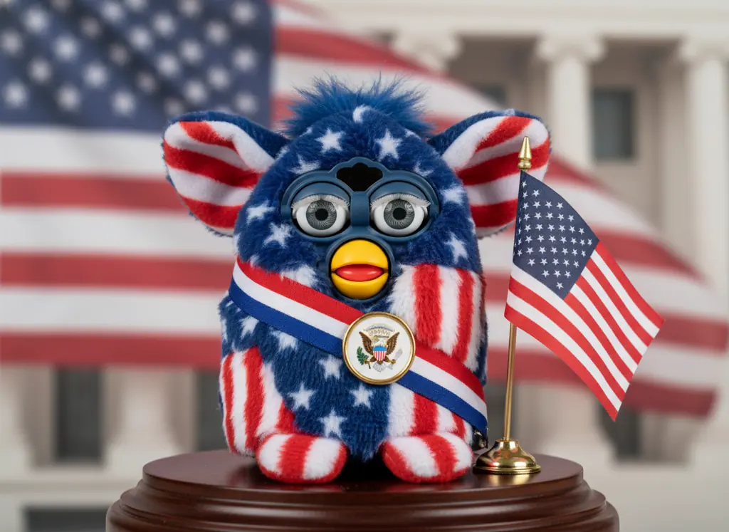 President Furby with patriotic red white and blue colors and presidential sash