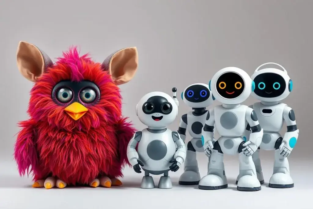 A comparison between a vintage Furby and modern AI companion robots, showing the evolution of interactive toy technology