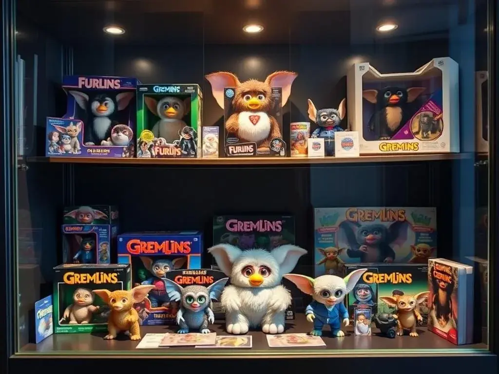 Vintage Furby and Gremlins merchandise displayed in a collector's showcase Vintage Furby and Gremlins merchandise displayed in a collector's showcase