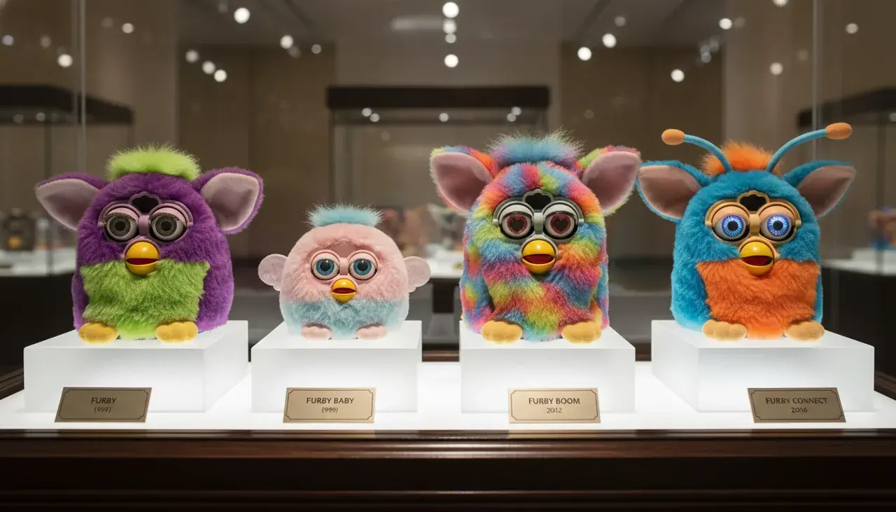 Collection of different Furby generations showing evolution from 1998 to modern Furby Connect