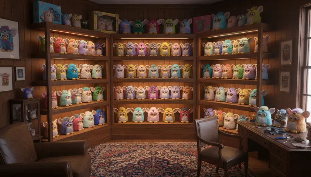 collection display of rare and vintage Furbies