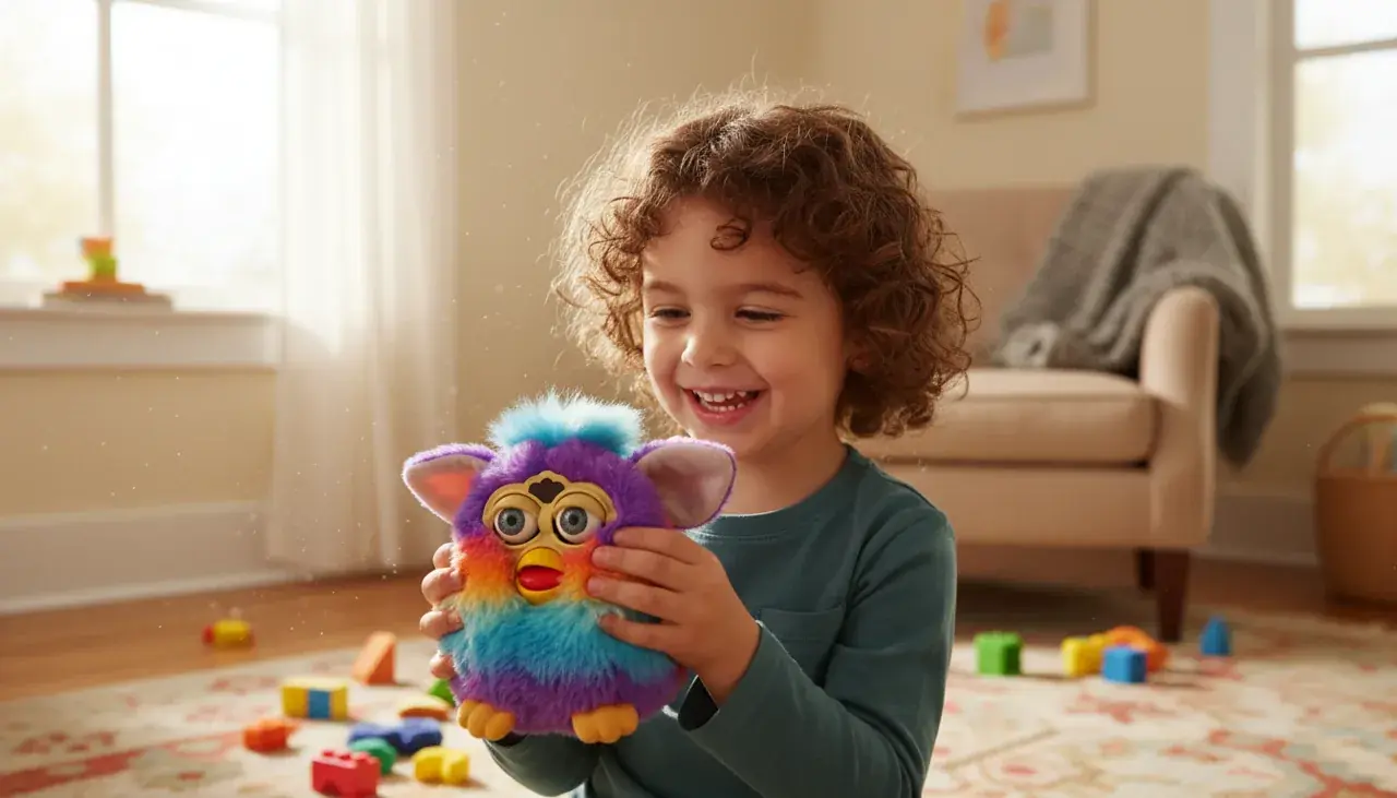 Happy child playing with Furby toy demonstrating proper care