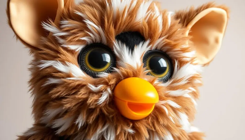 Detailed close-up view of a 1998 Furby toy with its distinctive large eyes, fuzzy brown and white fur, pointed ears, and button nose. The Furby is captured in natural lighting, showcasing its textured plush body and articulated features. The camera angle is slightly elevated to emphasize the charming, expressive expression of the Furby. The background is a soft, neutral studio setting that allows the Furby to be the central focus of the image, highlighting its iconic 90s design and nostalgic appeal.