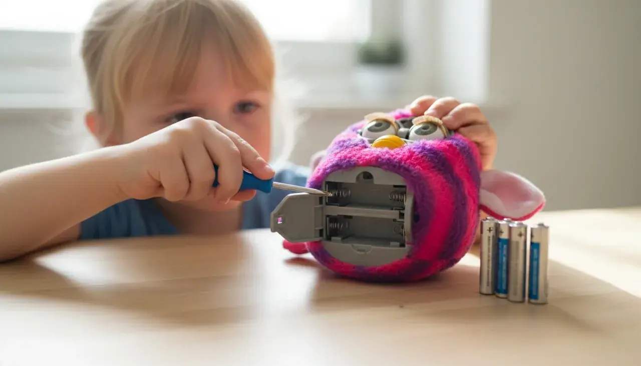 Child checking Furby batteries and troubleshooting interaction issues