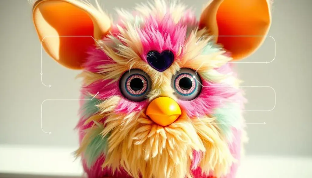 A detailed close-up view of a Mini Furby (Furblet) interactive features, showcasing its expressive eyes, large round ears, plush furry body, and movable limbs. The Furby's face has a whimsical, curious expression, with vibrant colors and soft, lifelike textures. The image is captured in natural, warm lighting, highlighting the tactile, interactive nature of this small, charming creature. The background is clean and uncluttered, allowing the focus to remain on the Furby's distinctive interactive elements.