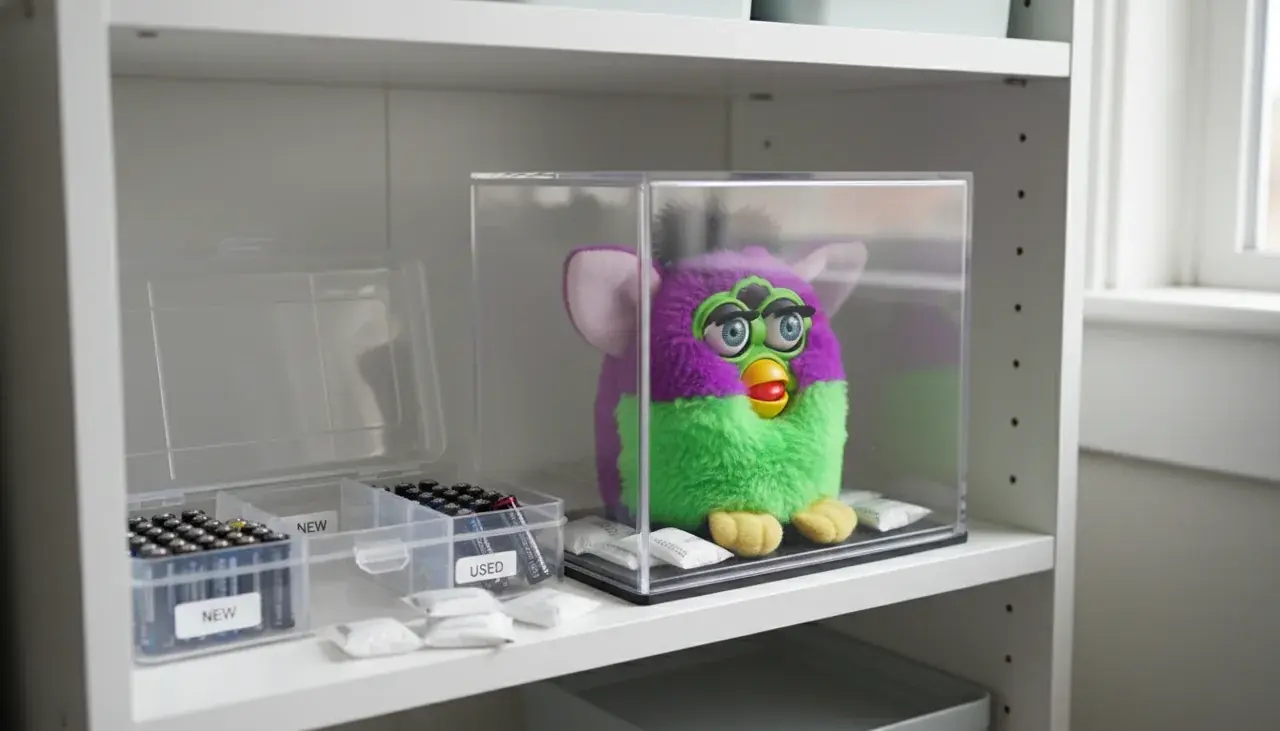 Proper Furby storage setup with protective container and care items