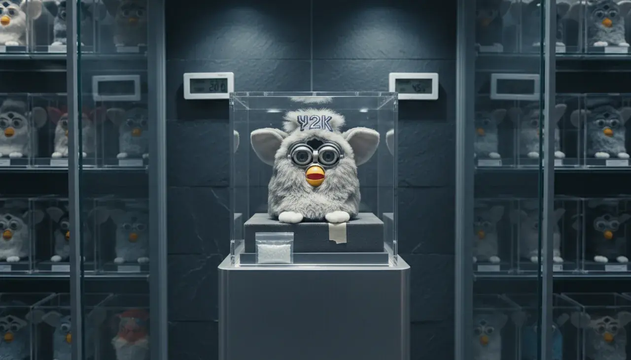 Proper storage and preservation setup for a Millennium Furby—protecting silver gray fur and silky ribbon