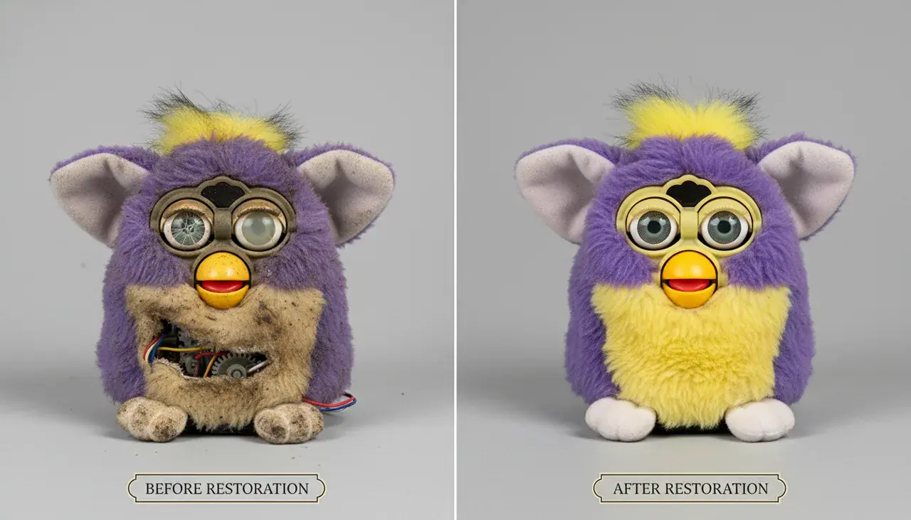 Before and after Furby restoration showing repair investment
