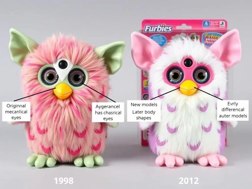 Comparison of original 1998 Furby vs later models showing key differences