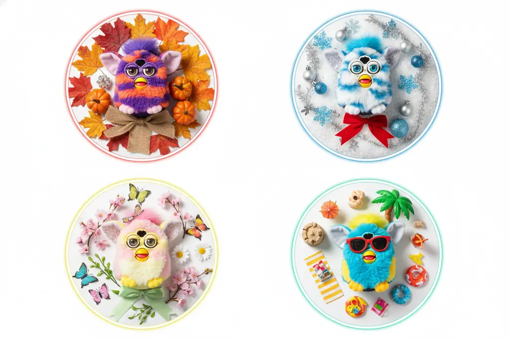 seasonal furbys decorated for different holidays