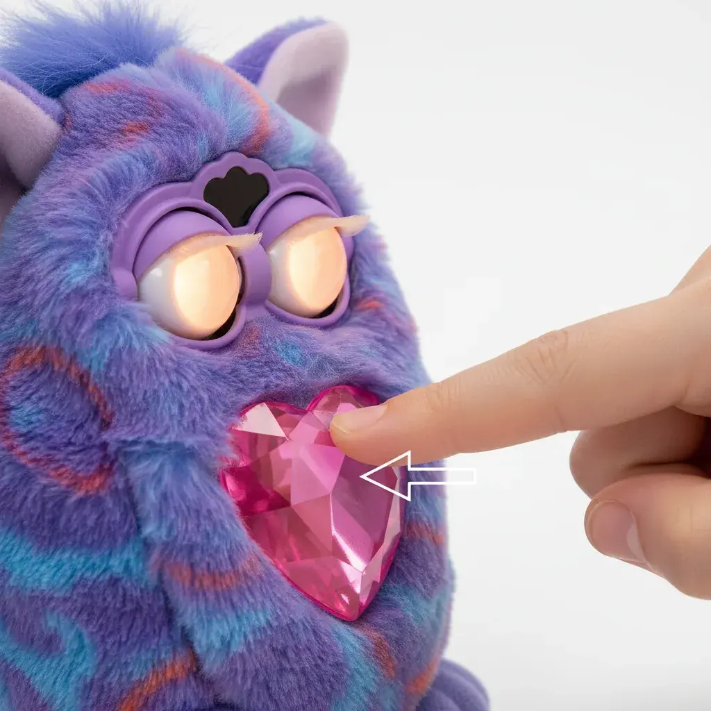 Close-up showing proper way to press Furby heart gem
