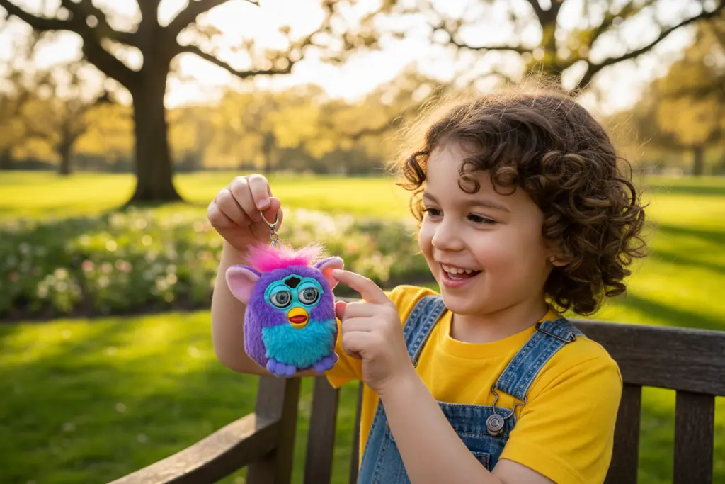 happy child enjoying furby keychain interaction and play