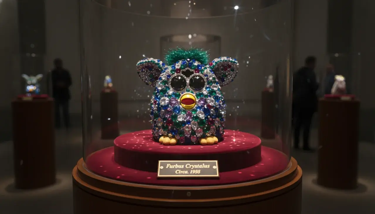 Bejewelled Furby displayed in luxury presentation case