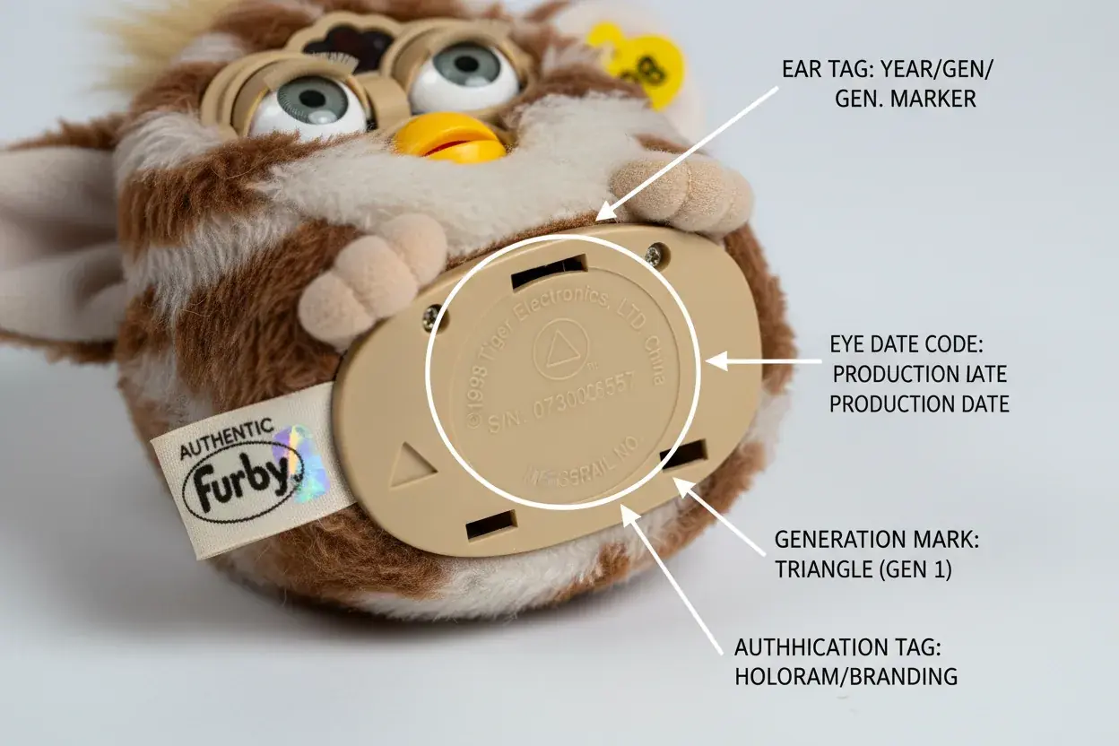 Furby identification guide showing valuable features and markings to examine