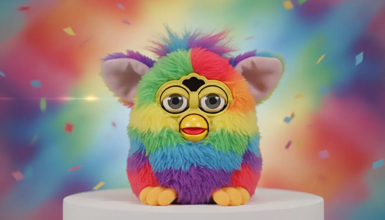 Rainbow Furby showing vibrant multicolor fur pattern