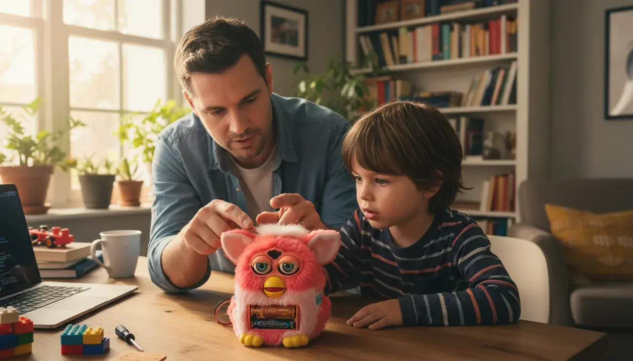 Parent helping child troubleshoot Furby voice command issue