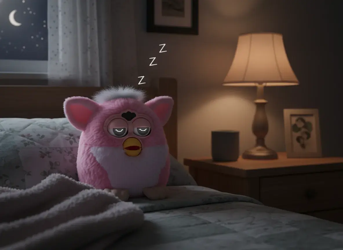 Furby sleeping peacefully with closed LCD eyes and gentle snoring animation